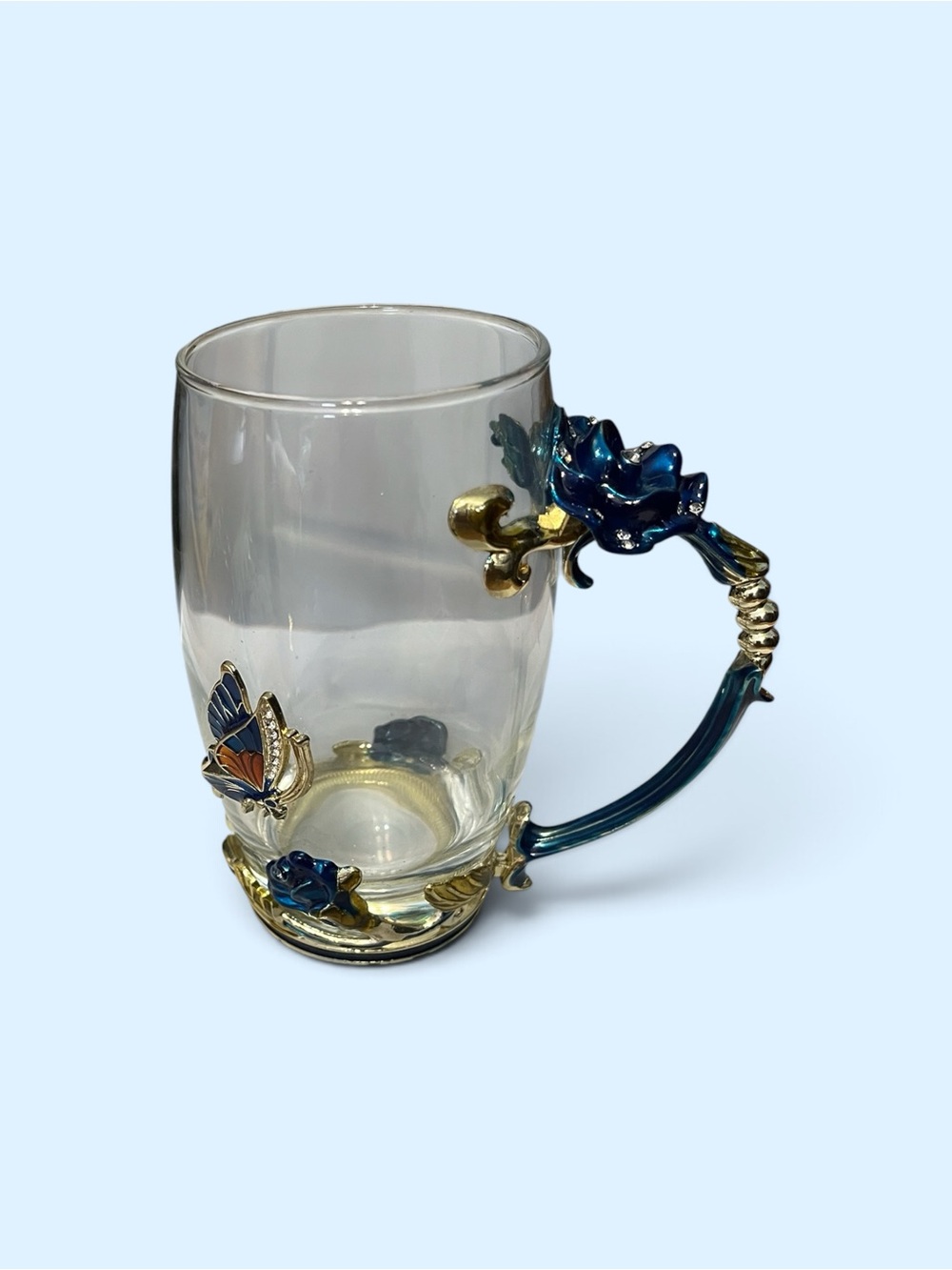 Blue Floral Glass Mug with Gold Accents